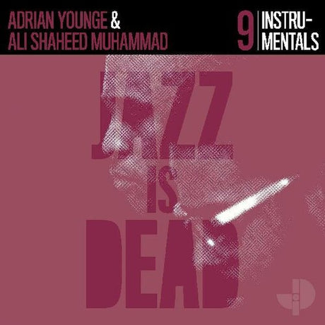 Cover art for the album 'Instrumentals Jid009' by Adrian Younge & Ali Shaheed Muhammad, featuring a purple background with a white saxophone and text.