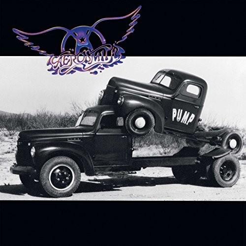 A black and white album cover featuring a vintage truck with the word 'PUMP' on its side, and the Aerosmith band logo at the top.