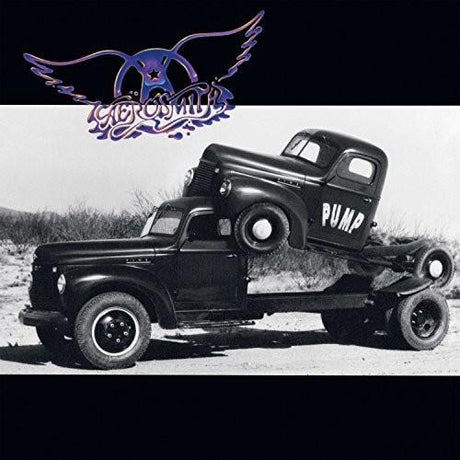 A black and white album cover featuring a vintage truck with the word 'PUMP' on its side, and the Aerosmith band logo at the top.