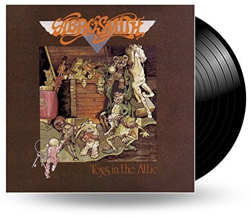 A vinyl record of Aerosmith - Toys In The Attic with album artwork depicting a toy scene.