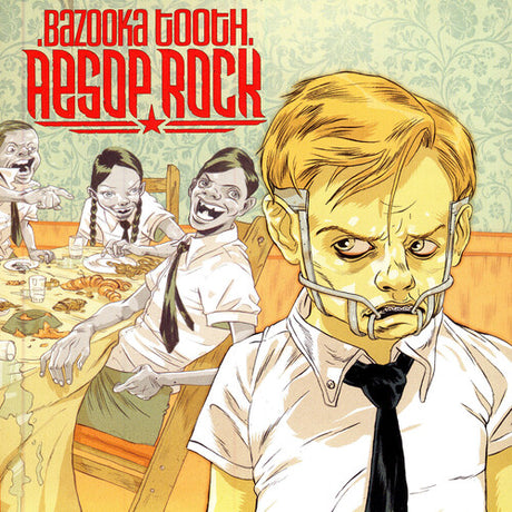 Album cover art for Aesop Rock's Bazooka Tooth featuring a stylized illustration with Aesop Rock in the foreground and several characters in the background.