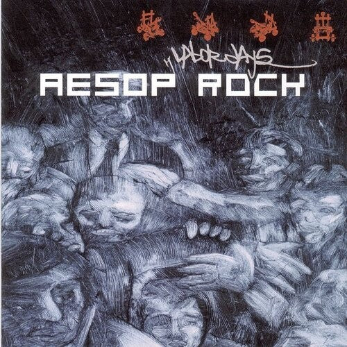 Aesop Rock - Labor Days vinyl record cover featuring a black and white illustration of various figures with a stylus on top, reminiscent of a record player.