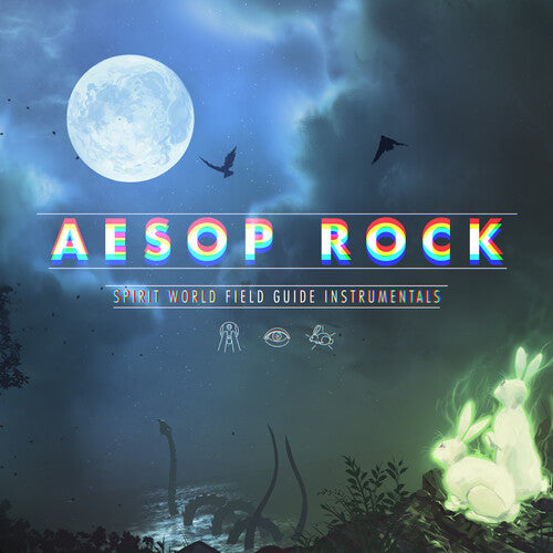 Cover art for Aesop Rock album 'Spirit World Field Guide Instrumentals' featuring a silhouette of a rabbit under a moonlit sky with a dark, misty background and various cryptic symbols.