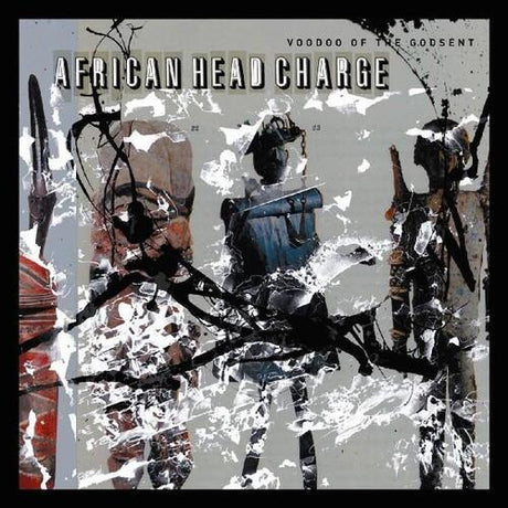 Album cover art for African Head Charge featuring a stylized illustration of figures in motion with a predominantly gray color palette.