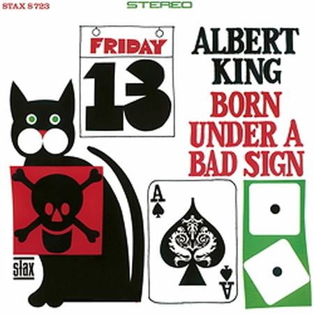 Album cover for 'Born Under a Bad Sign' by Albert King featuring a black cat, number 13, and playing card symbols.