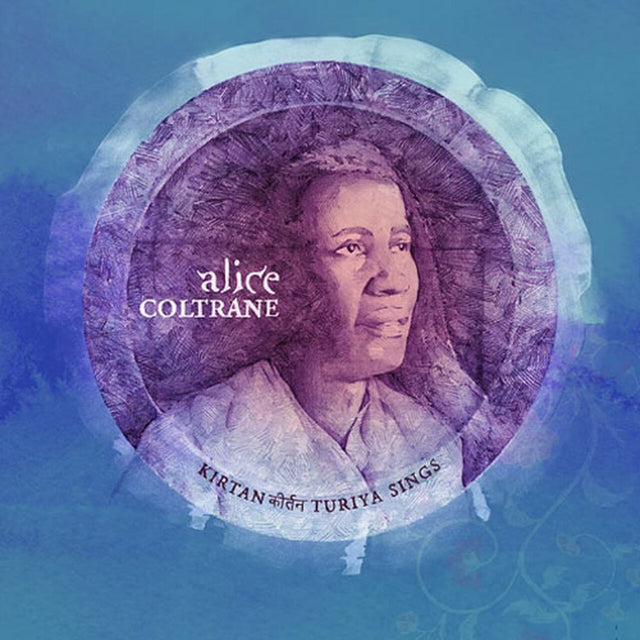 Album cover with a portrait of Alice Coltrane and text on a blue background