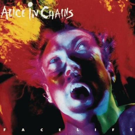 Alice In Chains - Facelift album cover featuring a person with a vivid and colorful artistic distortion.