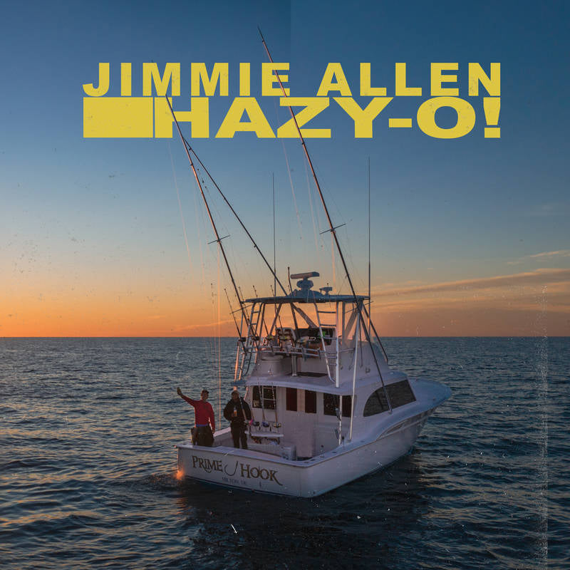 A vinyl record titled 'Jimmie Allen Hazy-O!' with a visual of a sunset and a boat on the cover, indicating a thematic connection to marine or nautical settings in the artist's work.