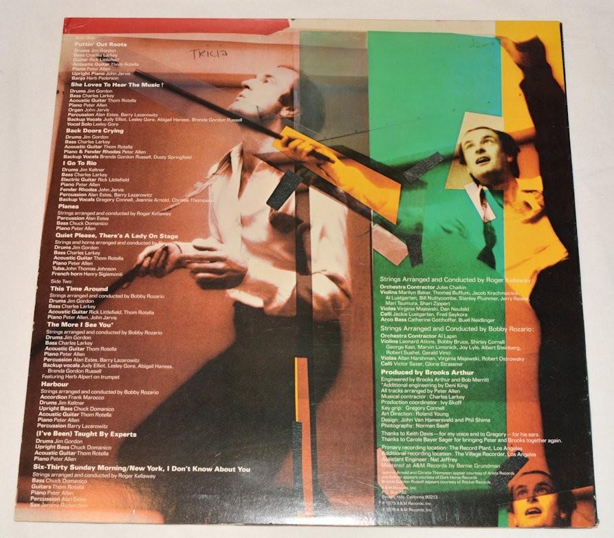 Used vinyl record of Peter Allen's album 'Taught By Experts' with a colorful cover featuring a portrait of the artist and silhouettes of hands.