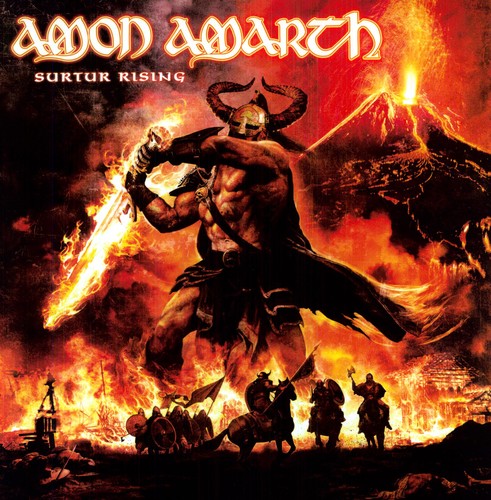 Album cover for Amon Amarth's 'Surtur Rising' with a warrior and fiery landscape.
