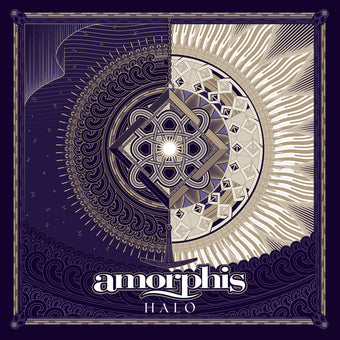 Album cover art for Amorphis - Halo featuring intricate, geometric design in gold and purple hues with the band's name and album title.