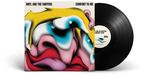 A vinyl record titled 'Amyl & The Sniffers - Comfort To Me' with a colorful abstract design on the cover.