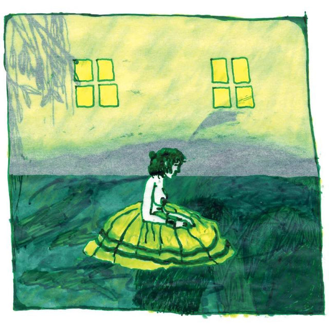 Illustration of a person sitting on a large rock or platform with a body of water and two window-like shapes in the background.