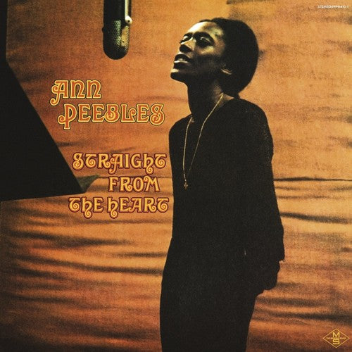 Album cover with a person in front of a microphone, text 'Ann Peebles Straight From The Heart', and a warm brown background.