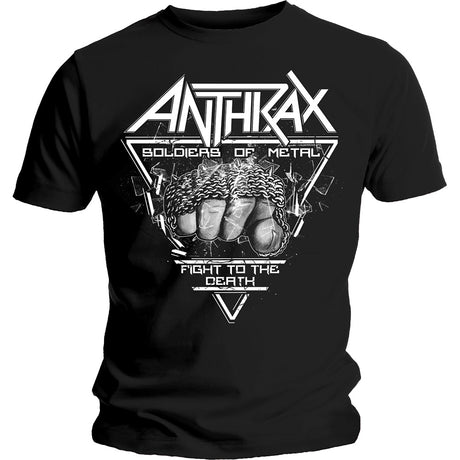 Black T-shirt with 'Anthrax' logo and text graphic on the front.