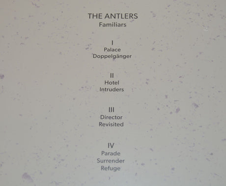 A purple vinyl record of Antlers - Familiars with a sculptural representation of two human figures in a similar purple hue.