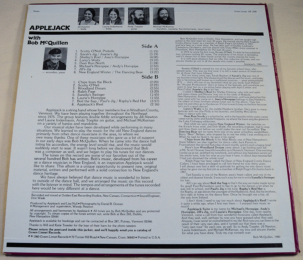 Vinyl record cover for Applejack featuring an image of a group of people playing musical instruments in front of a barrel, with the title 'Contra Dance Music New England Style' and the band name 'Applejack'.