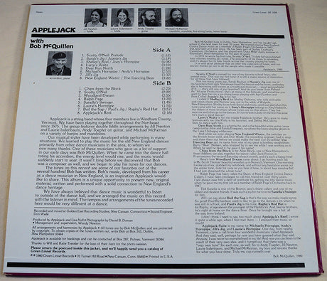 Vinyl record cover for Applejack featuring an image of a group of people playing musical instruments in front of a barrel, with the title 'Contra Dance Music New England Style' and the band name 'Applejack'.