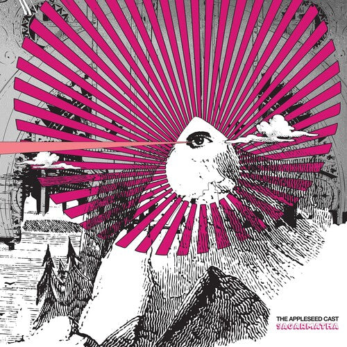 Album cover art for The Appleseed Cast, Sagarmatha, featuring a stylized illustration with pink and gray tones, and a silhouette of a bird.