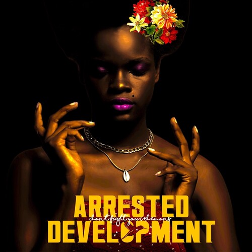 an album cover featuring an women with lipstick and with flowers in her hair wearing a red dress.