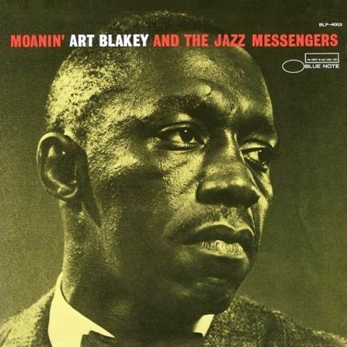 A vinyl record cover featuring a portrait of Art Blakey, with the band name 'The Jazz Messengers' and the album title 'Moanin''.