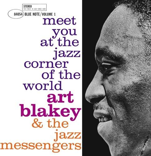 Album cover with text 'meet you at the jazz corner of the world' and a black and white portrait of Art Blakey.