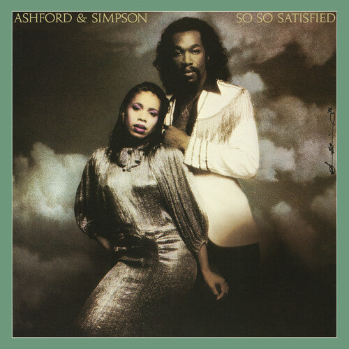 Album cover of Ashford & Simpson - So So Satisfied featuring a photograph of the artists, with a male figure in a white jacket and female figure in a shimmering dress, against a textured grey background.