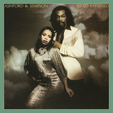 Album cover of Ashford & Simpson - So So Satisfied featuring a photograph of the artists, with a male figure in a white jacket and female figure in a shimmering dress, against a textured grey background.