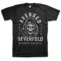 Black T-shirt with Avenged Sevenfold band logo and text 'Orange County' printed on the front.