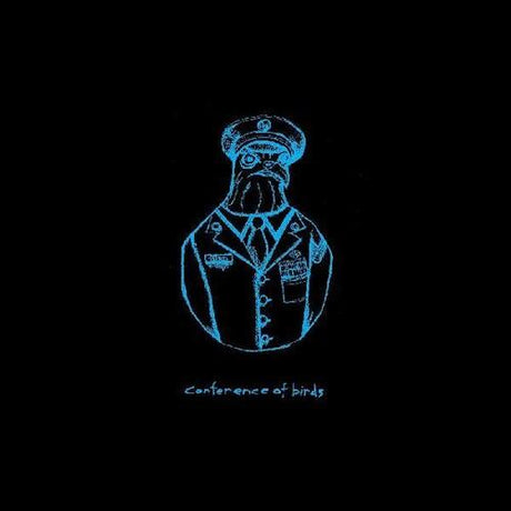 A vinyl record titled 'Conference Of Birds' by Avey Tare, featuring a stylized illustration of a bird in a military uniform on a blue background.
