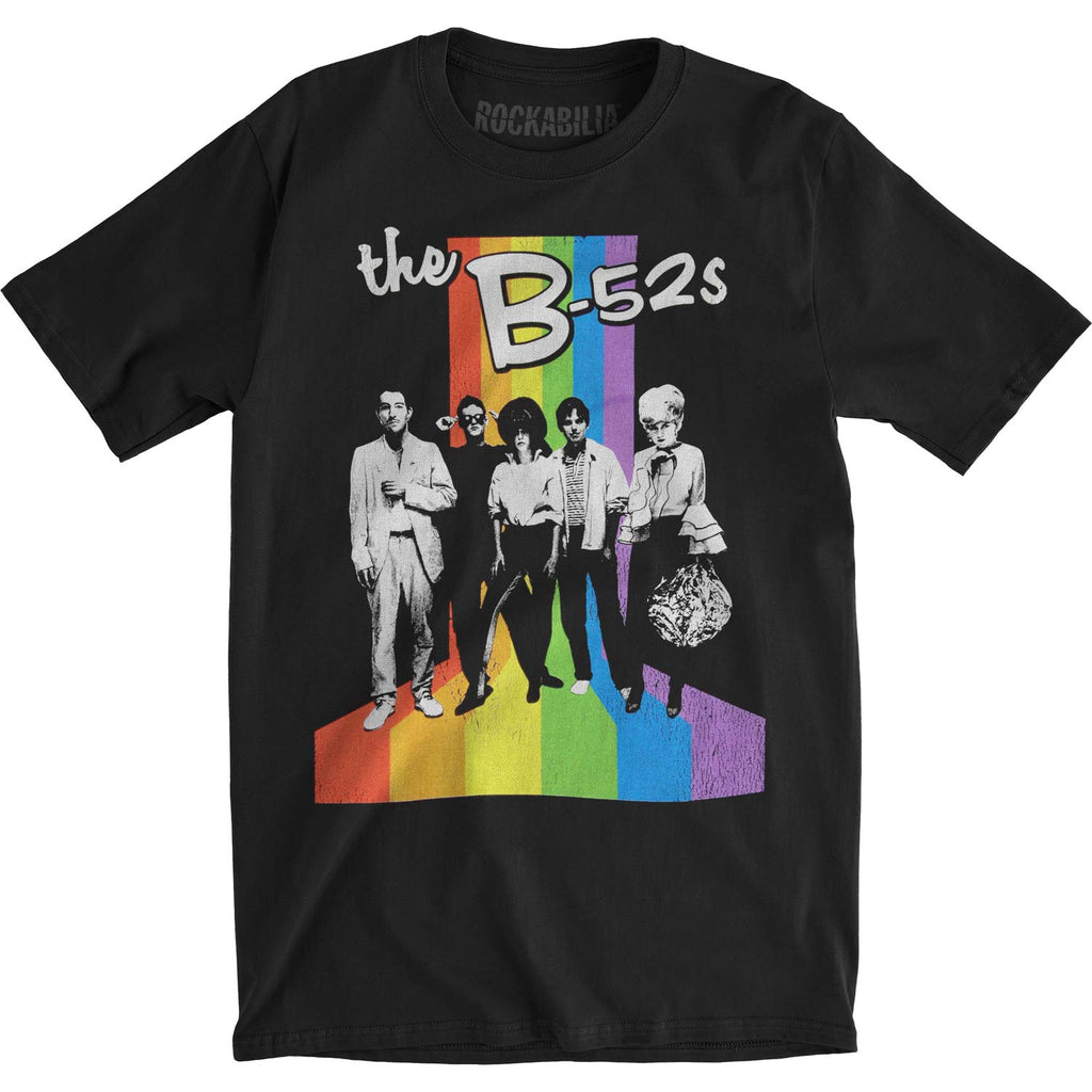 A black T-shirt with a colorful retro-style rainbow graphic and 'The B-52's' text on the front.