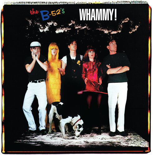 The cover of the B-52's album 'Whammy!' featuring a photograph of the band members and a dog, with the album title written at the top.