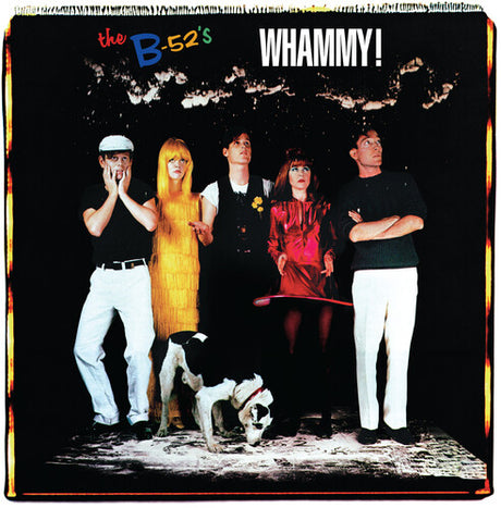 The cover of the B-52's album 'Whammy!' featuring a photograph of the band members and a dog, with the album title written at the top.