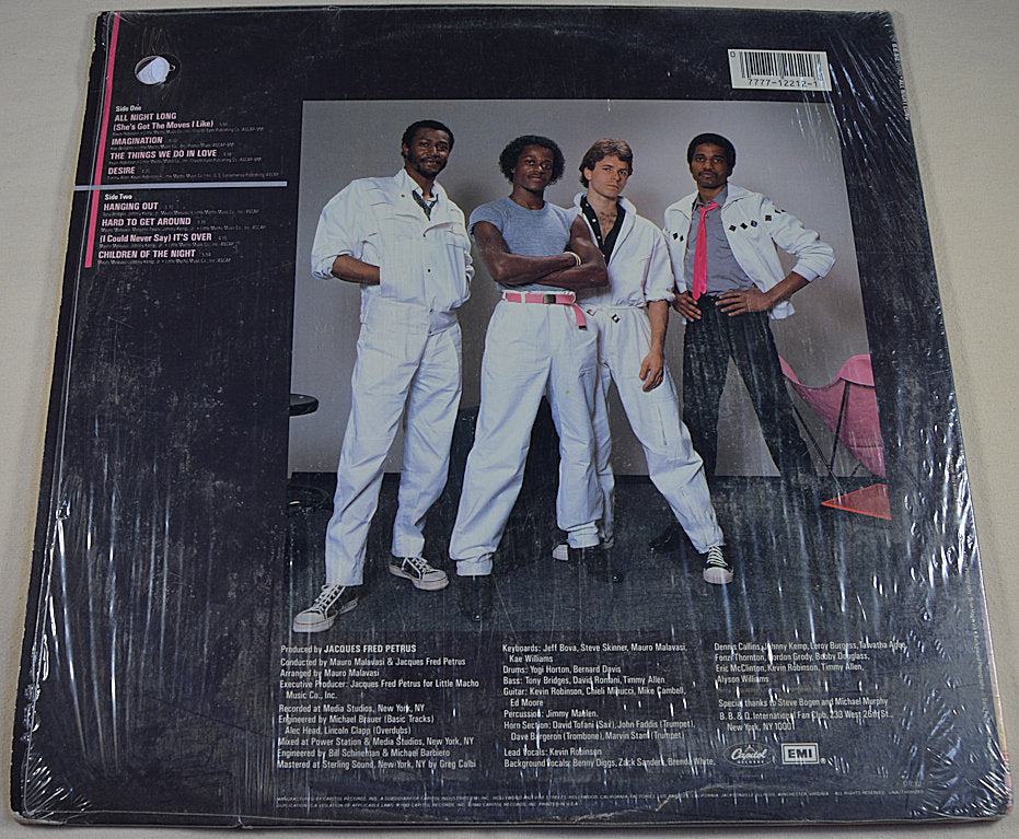 Used vinyl record of B.B. & Q. Band titled 'All Night Long' with a photograph of the band members on the cover.
