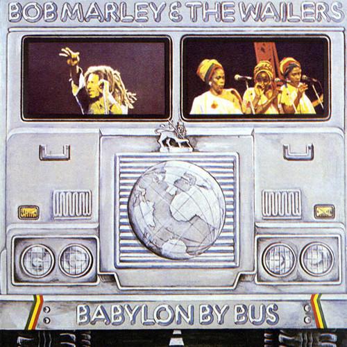 Album cover of 'Babylon By Bus' by Bob Marley & The Wailers featuring a graphic of a bus with a background of a live performance by the band.