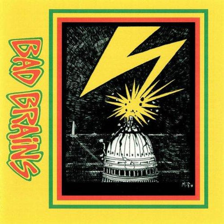 Bad Brains self-titled album cover featuring a black and yellow design with a graphic of a lightning bolt and the U.S.