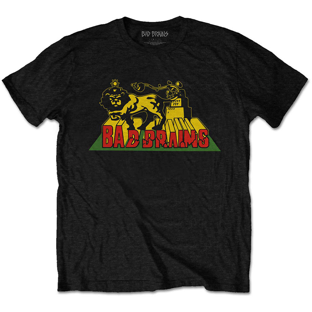 A black crew neck t-shirt with short sleeves featuring a graphic print of 'BAD BRAINS' text and a lion illustration on the front.