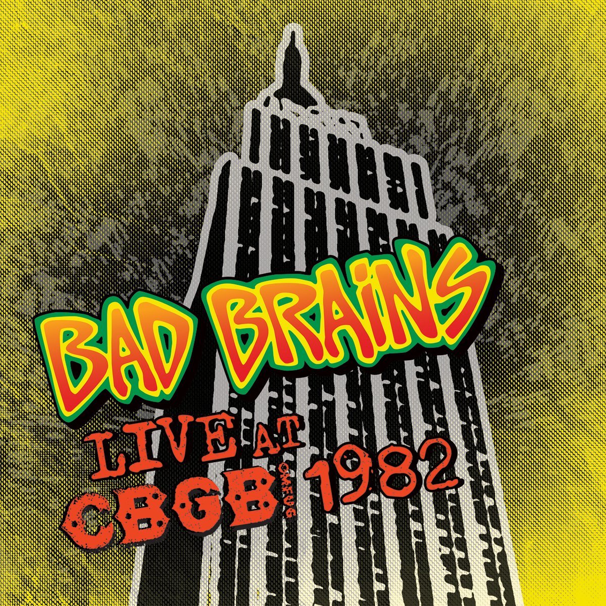 Album cover for 'Bad Brains Live at CBGB 1982' with a stylized building and colorful text.