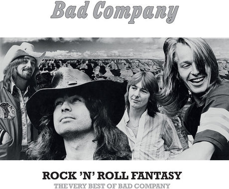 Black and white album cover of Bad Company with band members and text 'Rock 'N' Roll Fantasy'.