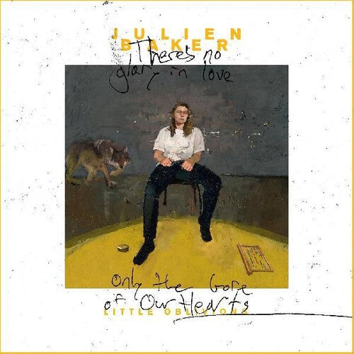 Album cover art for Julien Baker's 'Little Oblivions' featuring a painting of Julien Baker sitting with a guitar, accompanied by a dog, with a dark and yellow-toned background.