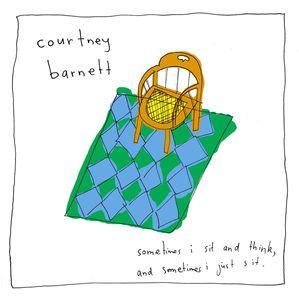 The image shows the cover of the vinyl record 'Sometimes I Sit & Think' by Courtney Barnett. It features a cartoon illustration of a yellow and blue checkered object with a chair and a thought bubble superimposed on top, alongside the text of the album title and the artist's name.