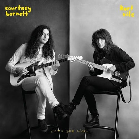 Cover image of a vinyl record featuring Courtney Barnett and Kurt Vile sitting in chairs with their guitars, with the album title 'Lotta Sea Lice' written at the top.