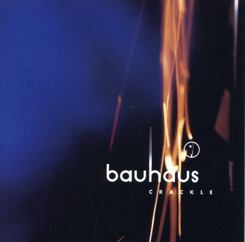 This image features the album cover for "Bauhaus - Crackle: Best Of," which is a vinyl record released in 1998. The cover art is minimalistic and dark, with a blurred image of a burning flame and the Bauhaus logo in white.