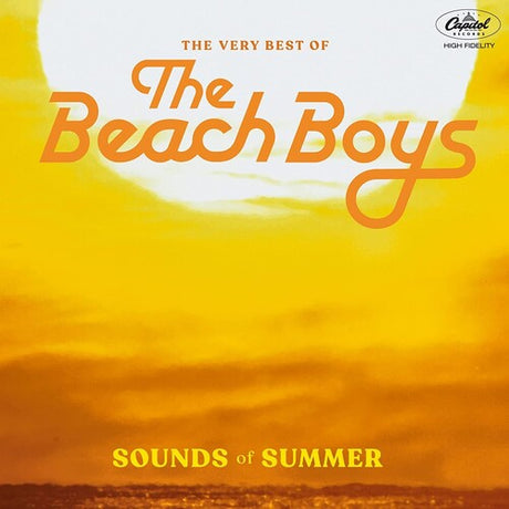 Album cover for 'The Very Best of The Beach Boys: Sounds of Summer' with a sunset over water.