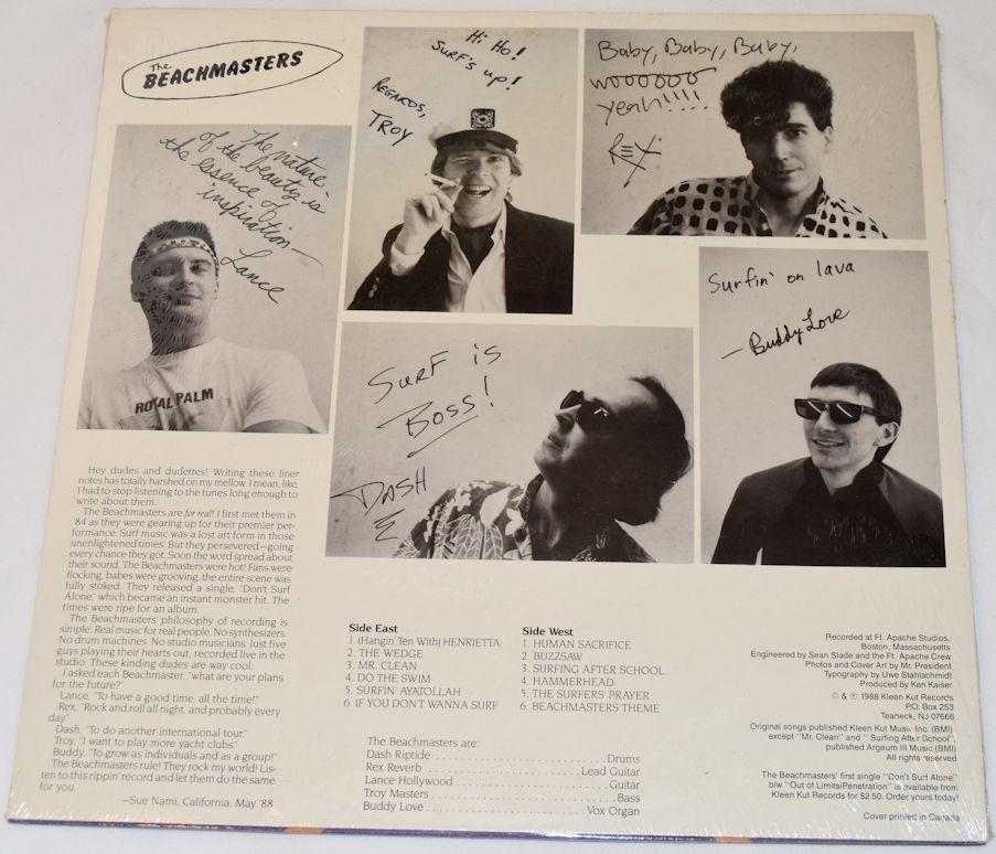 Back cover for the Beachmasters record showing pictures of each band member and text.