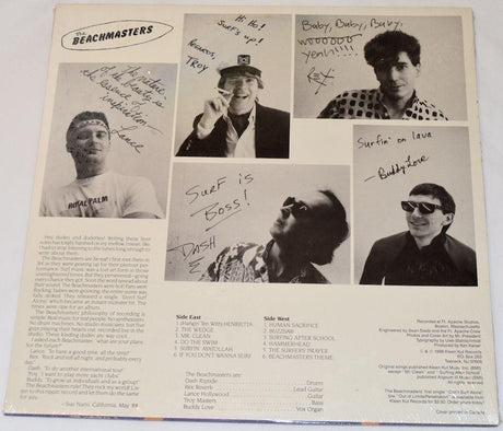 Back cover for the Beachmasters record showing pictures of each band member and text.