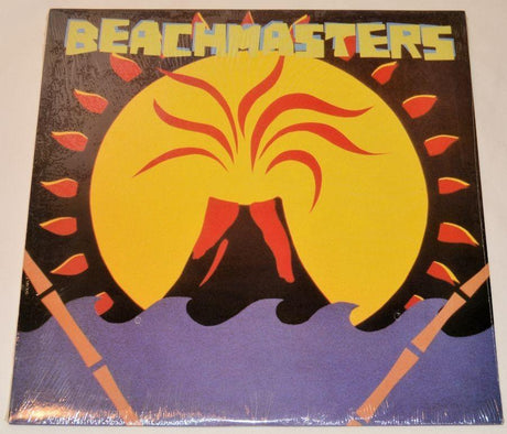 A vinyl record for The Beachmasters featuring a stylized sun, palm trees, and a volcano graphic with the band's name above.