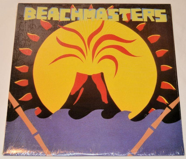 A vinyl record for The Beachmasters featuring a stylized sun, palm trees, and a volcano graphic with the band's name above.