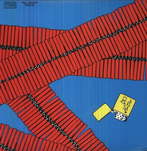 Red firecrackers on a blue background with a yellow lighter featuring a logo.