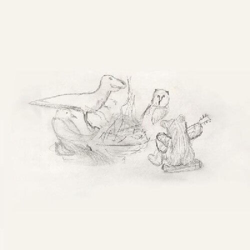 A sketch of a bird, a squirrel, and what appears to be a stylized version of a human figure or perhaps an animal, sitting around a fire.